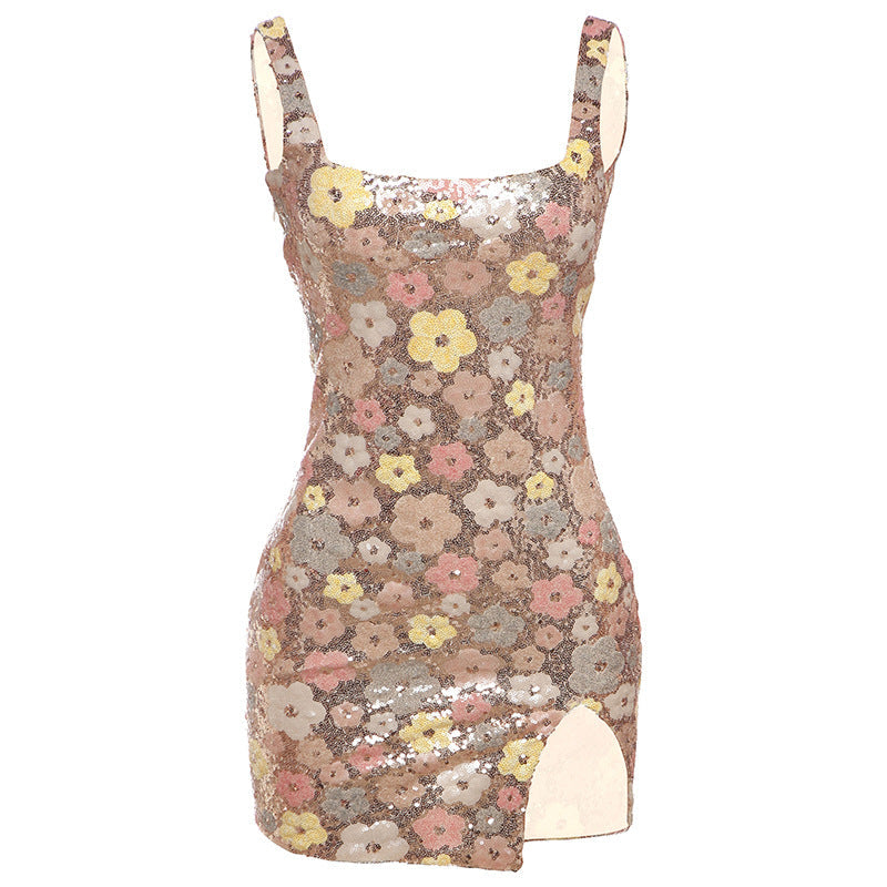 Spring Summer Women Clothing Fashionable Elegant Sexy Slim Fit Square Collar Sequined Hip Split Dress Bella Mia