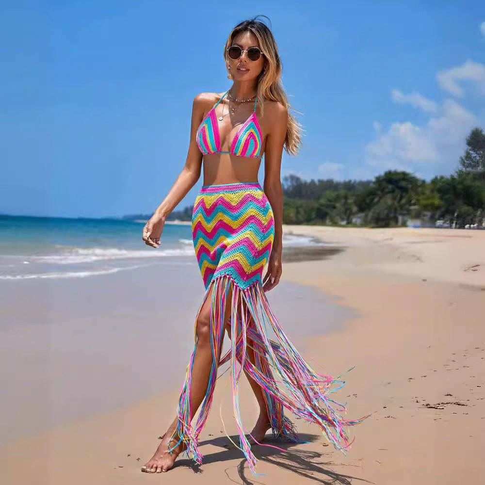 Women Clothing Sexy Hand Crocheted Wavy Tassel Beach Cover Up Skirt Set Bella Mia