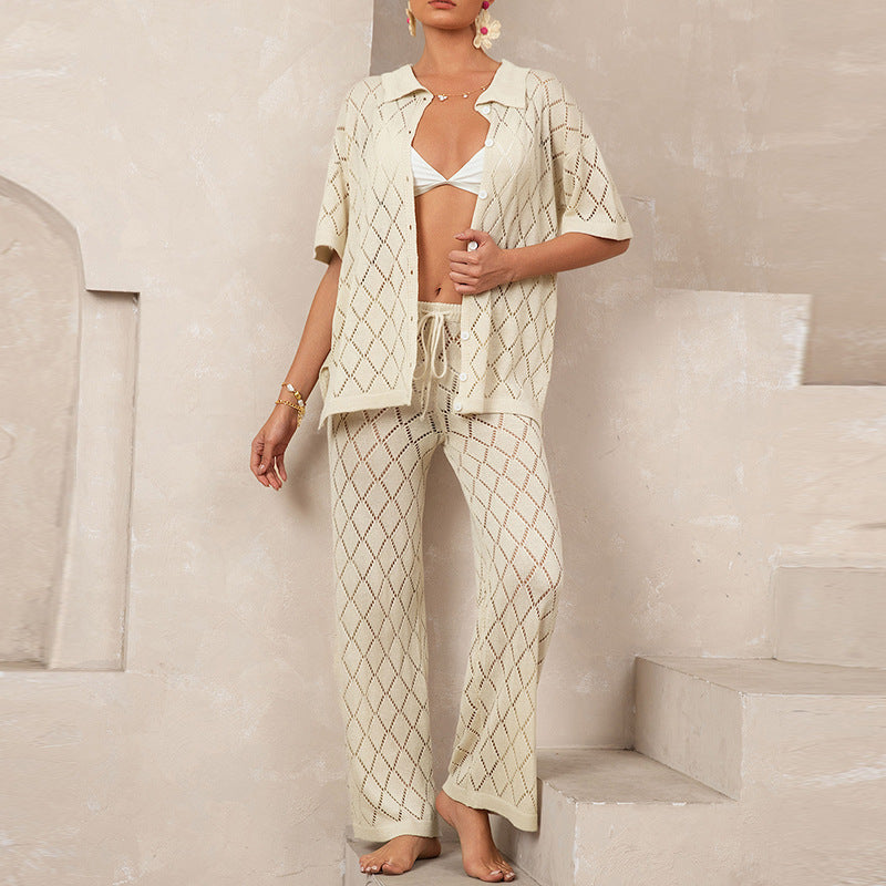 Beach Short Sleeved Shirt Trousers Hollow Out Cutout out See through Casual Knitted Vacation Elegant Sun Protective Blouse Two Piece Sets Bella Mia
