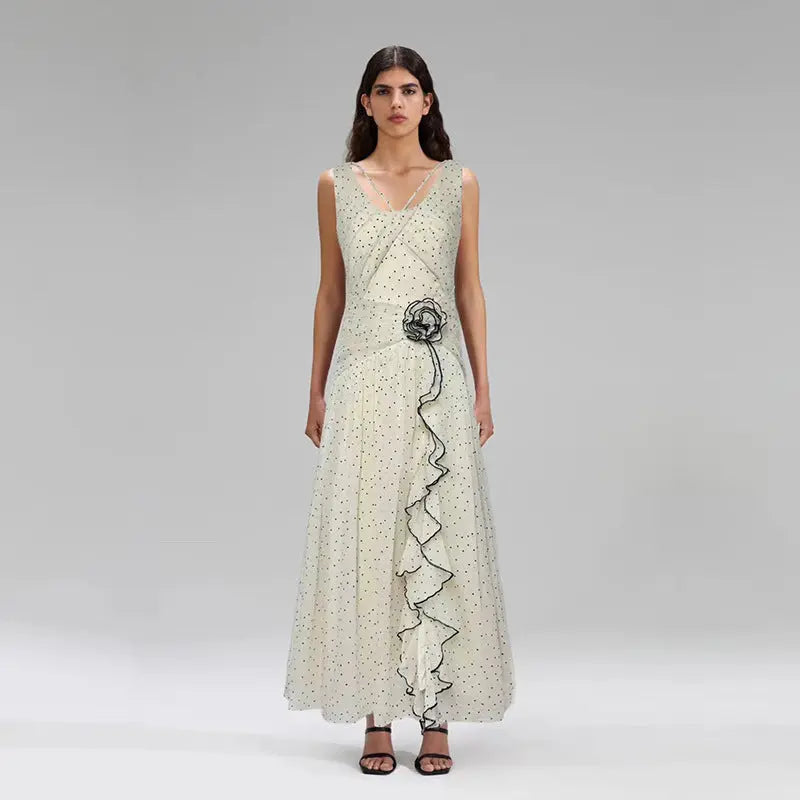 Sweet Milk Apricot Sleeveless Polka Dot Floral Maxi Dress For Women Bella Mia