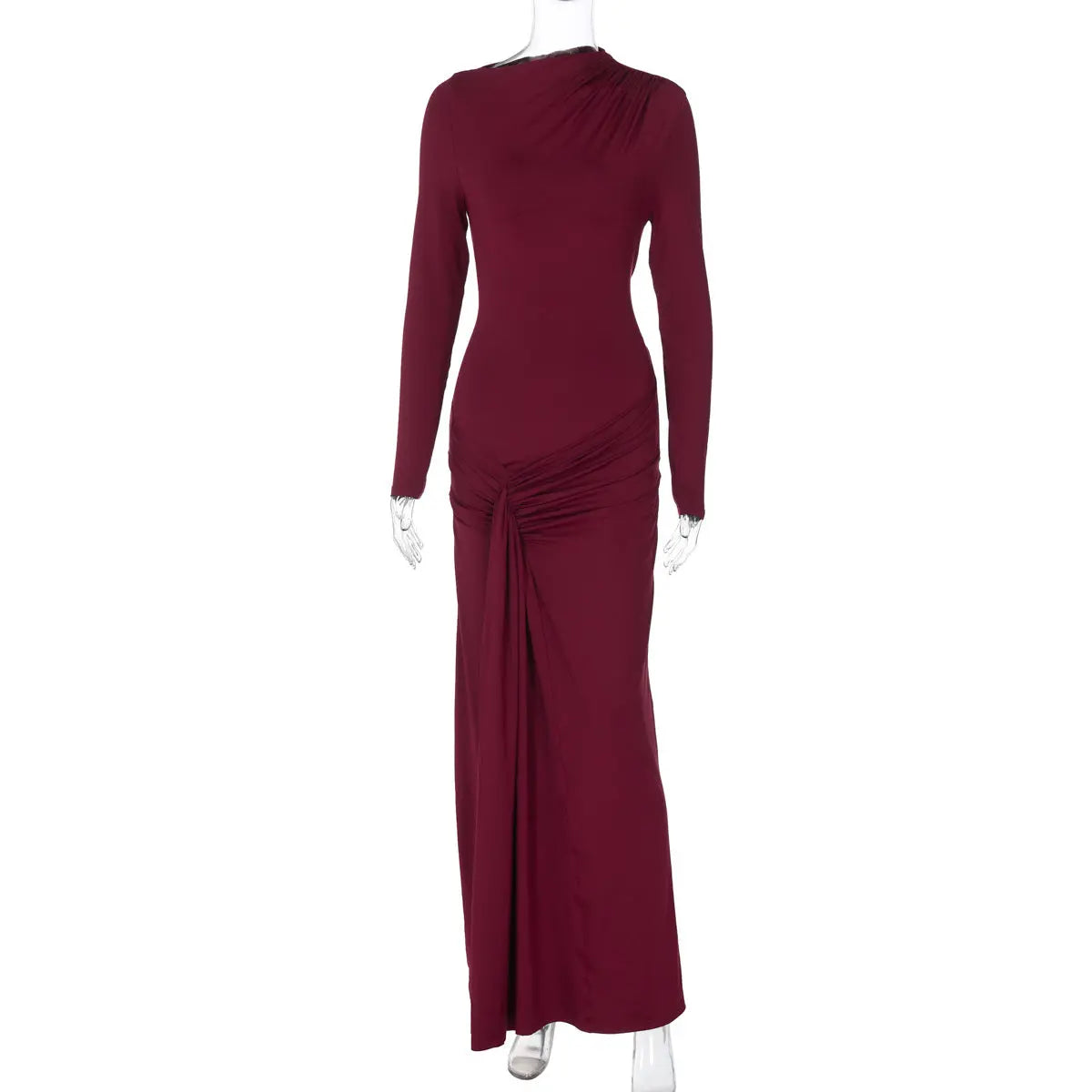 Women Lace Up Maxi Dress Waist Cinching Ruched Solid Color Long Sleeve Crew Neck Bella Mia