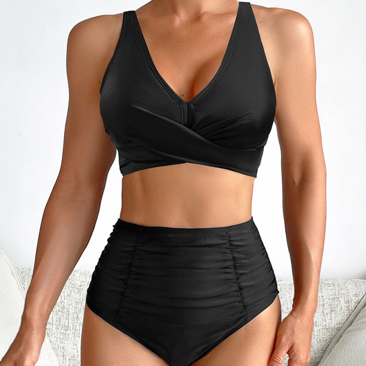 Bikini Solid Color Wrinkle High Waist Sexy Bikini Split Swimsuit Swimwear Bella Mia