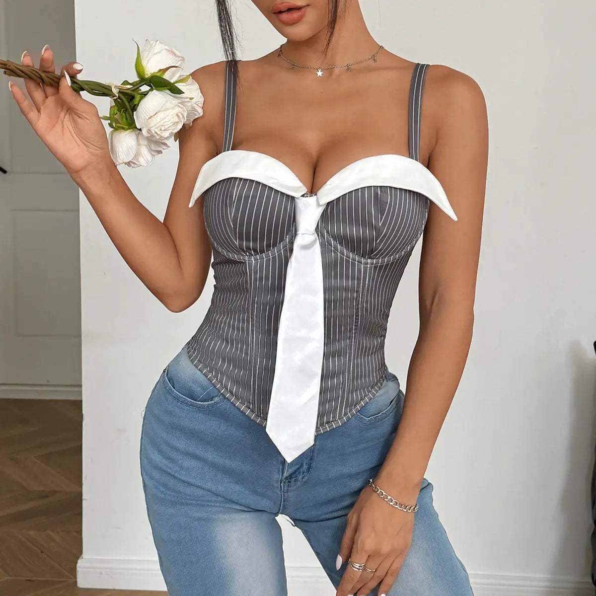 Sexy Women Low Cut Tie Stitching Contrast Color Boning Corset Top Wrapped Chest Sexy Vest Bella Mia