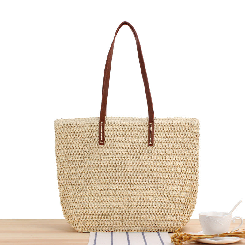 Solid Color Simple Shoulder Straw Bag Japanese Korean Woven Bag Daily Office Casual Vacation Women Bag Bella Mia