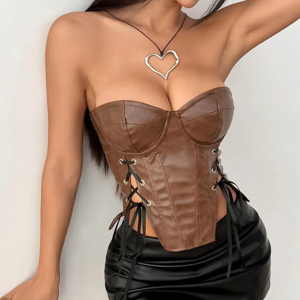 Women Clothing Cool Chic Faux Leather Waist Tube Top Sexy Sexy Leather Top Wrapped Chest Boning Corset Top Bella Mia