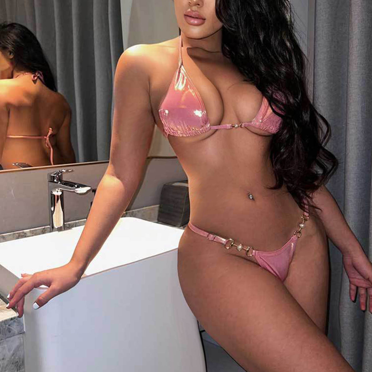 Swimsuit Split Swimsuit Pink Bronze Halter Lace up Sexy Backless Swimsuit Bikini Bella Mia