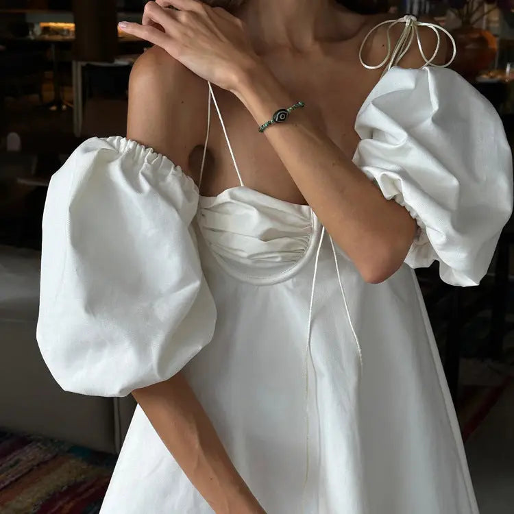 Elegant White Cami Dress A Line With Spaghetti Strap And Ruched Details Bella Mia