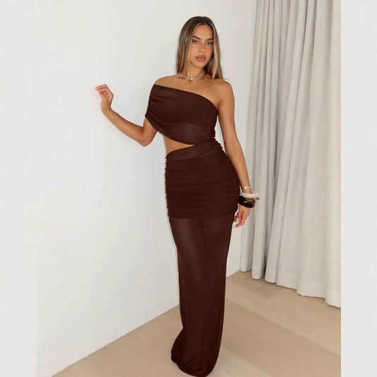 Women Clothing Summer Sexy off Shoulder Gauze Hollow Out Cutout Slim Fit Pleated See through Dress Bella Mia
