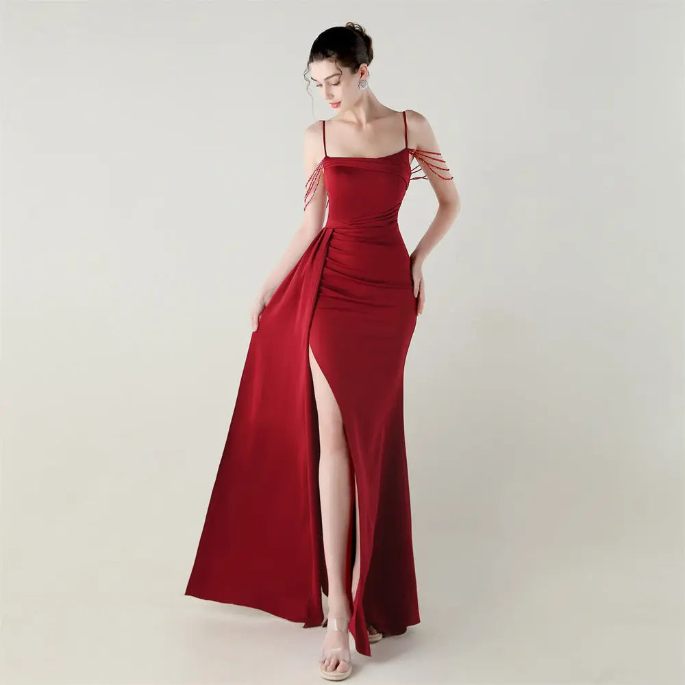 Bandeau Sling Satin Craft Beaded Chain Fishtail Evening Dress Dinner Wedding Ball Bella Mia