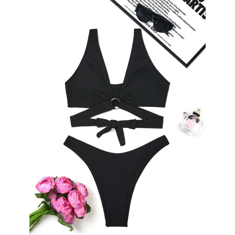 Women Split Three Point Solid Color Ring Small Sunken Stripe Bikini Sexy Swimsuit Bella Mia