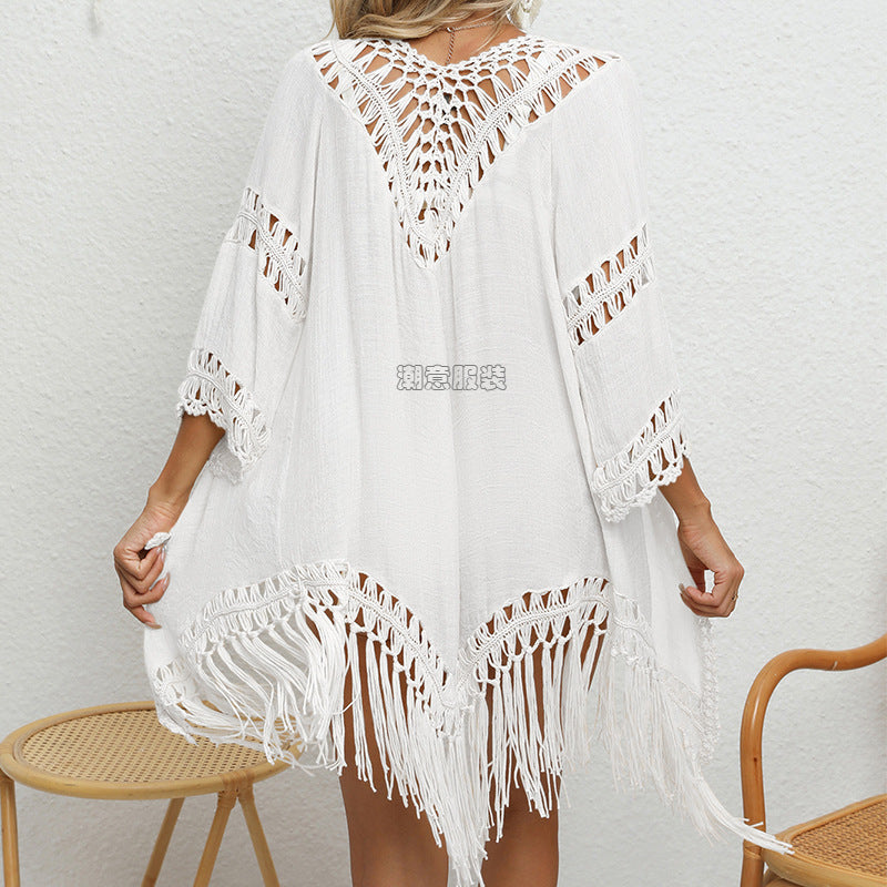 Solid Color Crochet Stitching Beach Sun Protection Cardigan Tassel Lace up Short Sexy Blouse Bella Mia