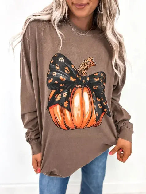 Ladies Summer Halloween Pumpkin Leopard Bow Printed Sweatshirts Bella Mia