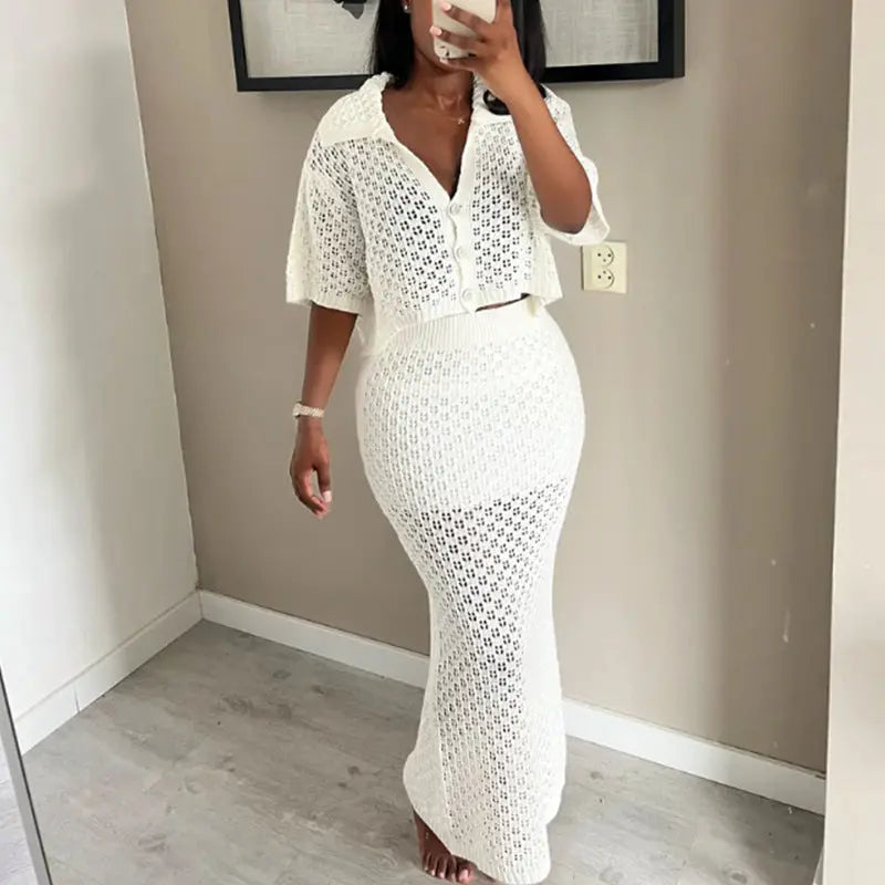 Short Sleeved Cardigan Hollow Out Cutout out Top Slim Fit Long Knitted Skirt Sun Proof Beach Skirt Bella Mia