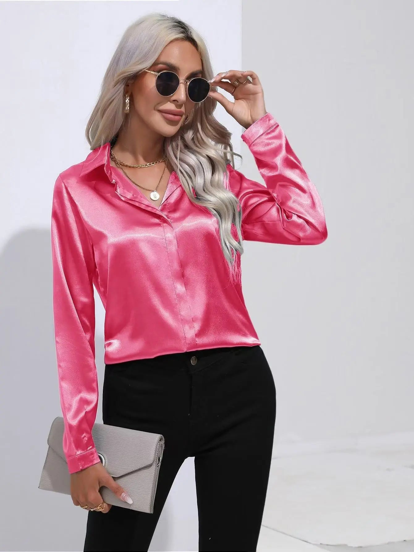 One Button Satin Shirt Office Long Sleeve Shirt Spring Summer Loose Top Women Clothing Bella Mia