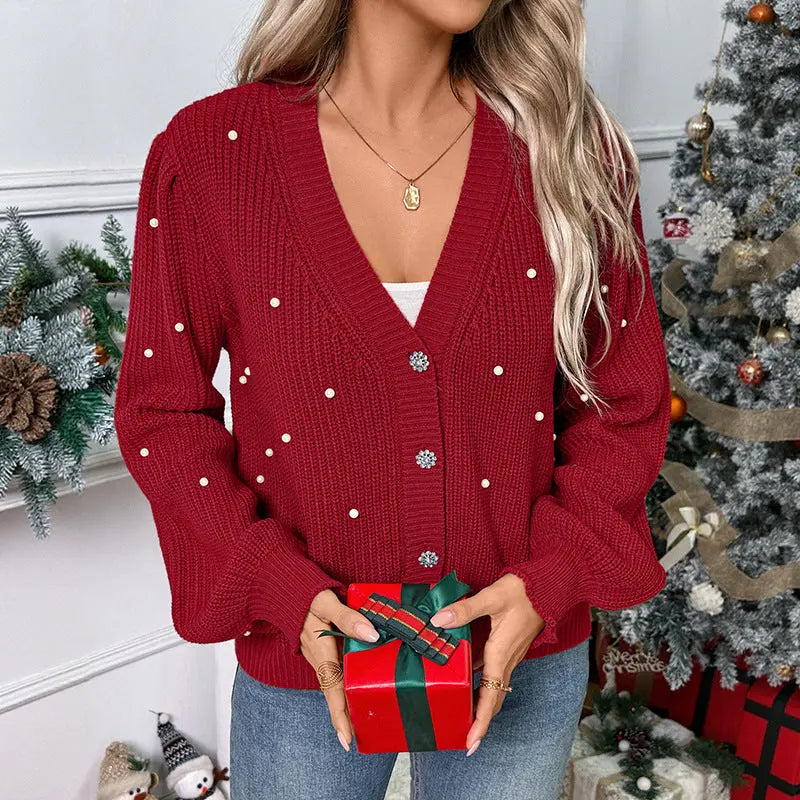 Autumn Sweet Knitted Cardigan V neck Pearl Decorative Red Christmas Sweater Coat Women Bella Mia