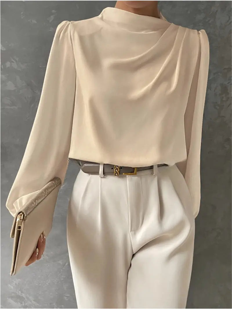Solid Color Pleated Women Shirt Elegant Pullover Satin Top Office Long Sleeve Top Bella Mia