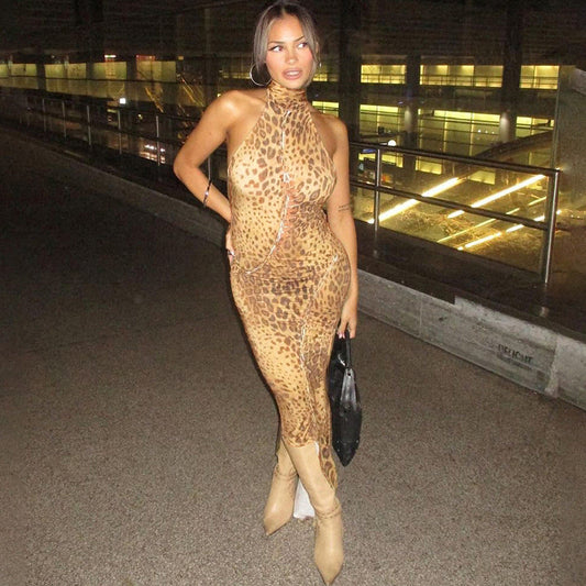 Summer Sexy Backless Slim Fit Strap Halter Irregular Asymmetric Leopard Print Dress Women Bella Mia