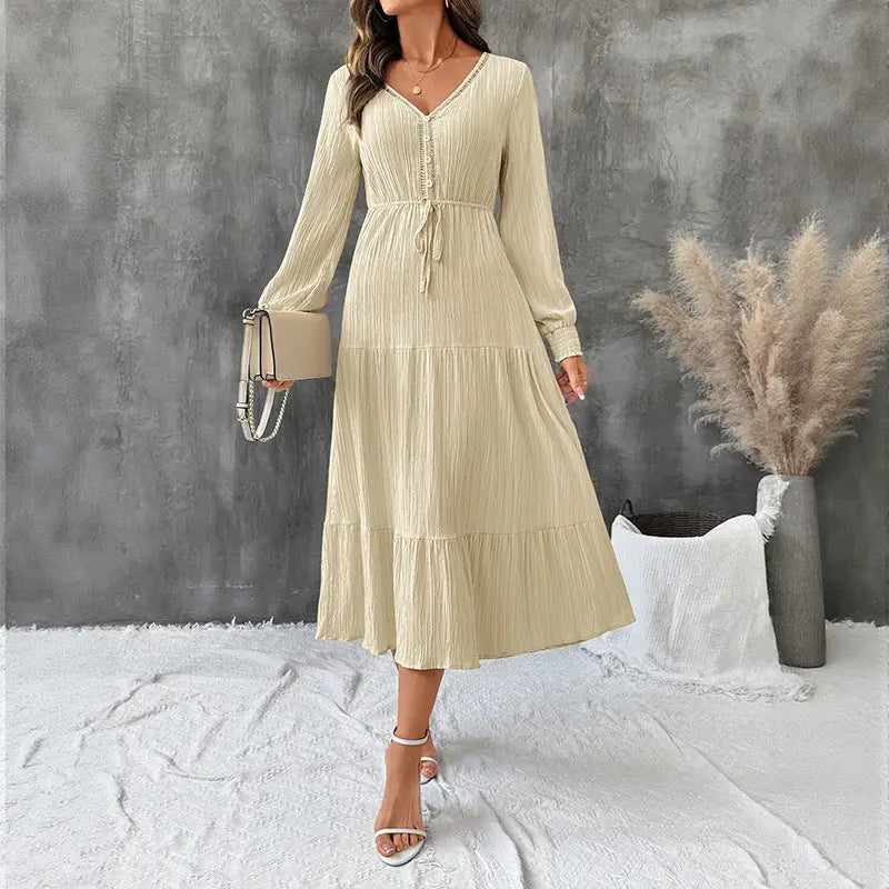 Autumn Elegant Long Sleeve Pleated V neck Solid Color Dress Bella Mia