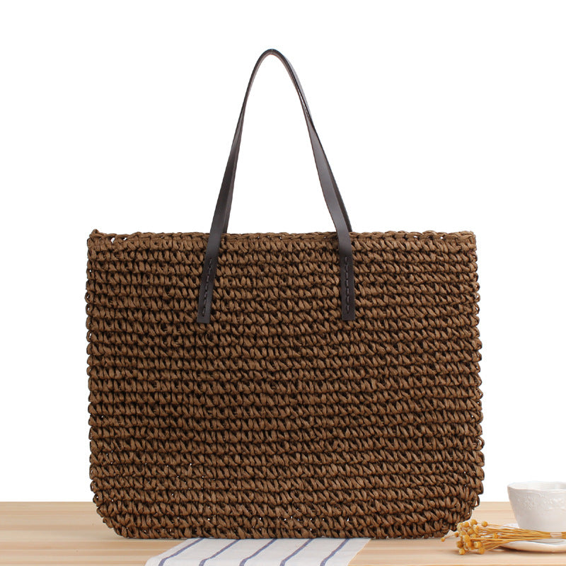 Large Capacity Casual Straw Bag Korean Shoulder Bag Solid Color Handmade Woven Bag Mori Photo Bella Mia