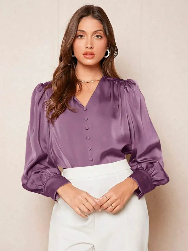 V neck Pullover Top Shirt Women Satin Office Top Women Clothing Direct Bella Mia