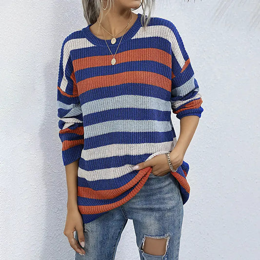Mid Length Autumn Winter Loose Striped Crew Neck Long Sleeves Bottoming Sweater Women Bella Mia
