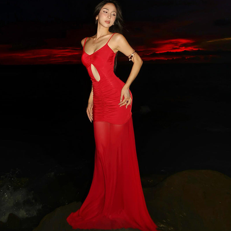Summer Sexy Cutout Sling Maxi Dress Solid Color Mesh Dress Women Bella Mia