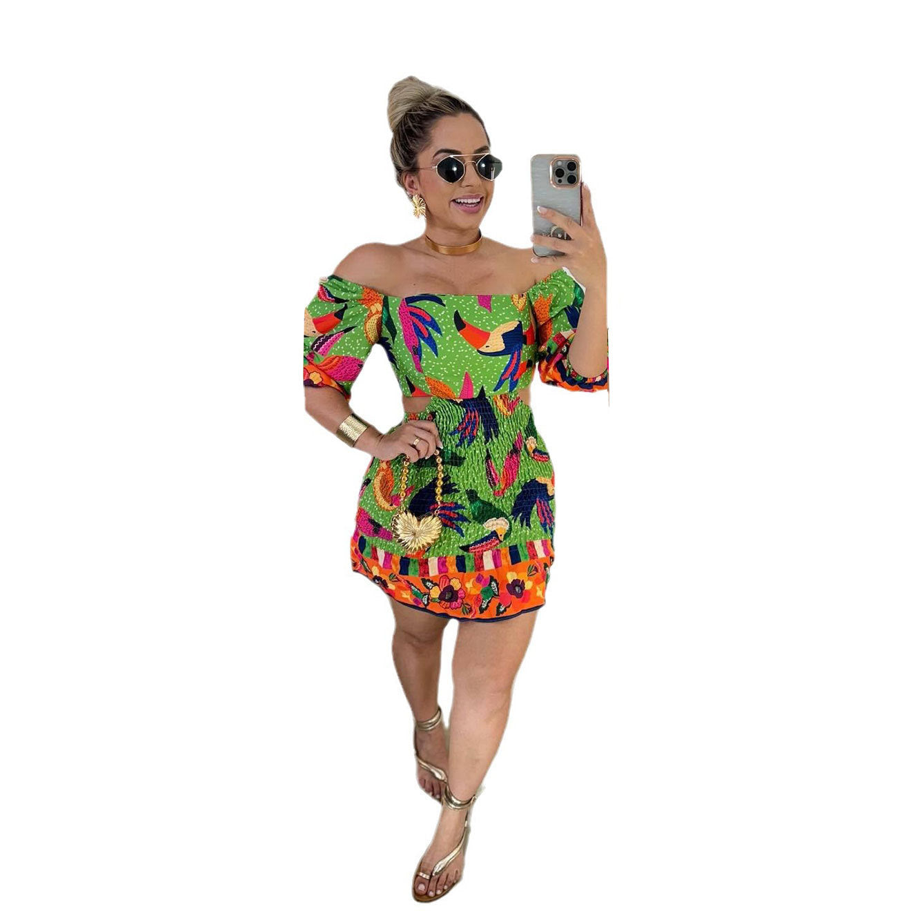 Printed Waist Controlled Backless Lantern Sleeve Smocking Off Shoulder Two Way Wear Dress Bella Mia