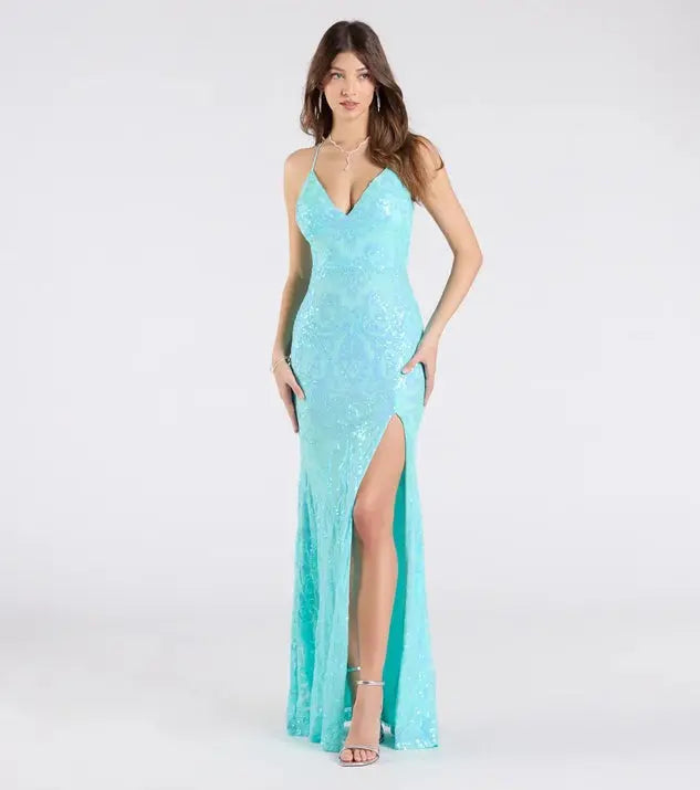 Womens Sequined Maxi Dress Backless Slit Zipper V Neck Sleeveless Formal Party Bella Mia