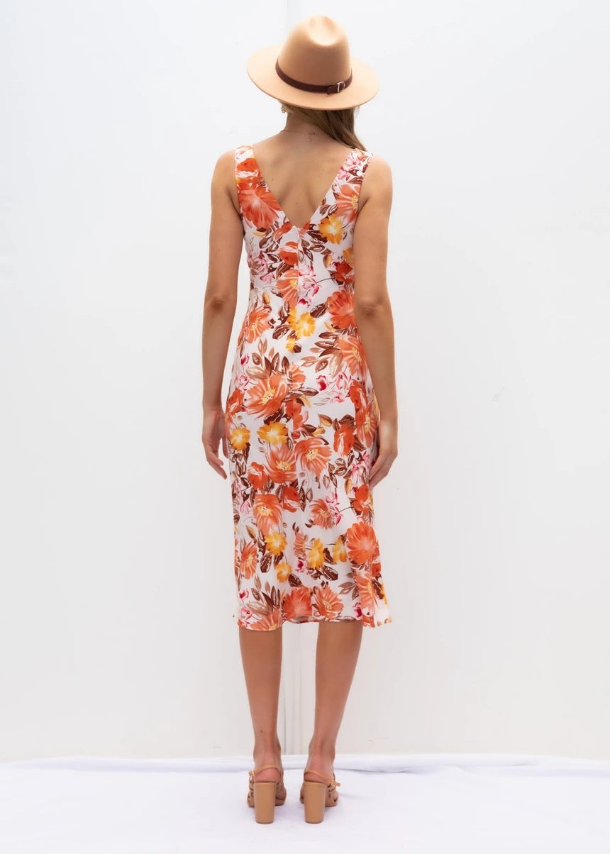 Spring Front Back V-neck Sleeveless Printed Slim-Fit Sexy Dress Women Clothing Floral Burst Bella Mia