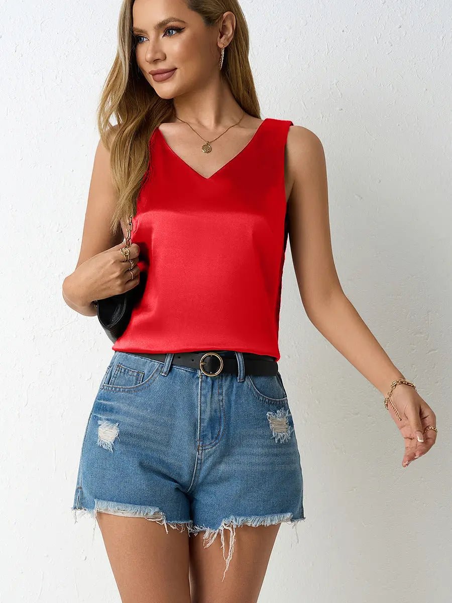 Women Spring Summer Satin Vest V neck Casual Camisole Sleeveless Shirt Summer Bella Mia