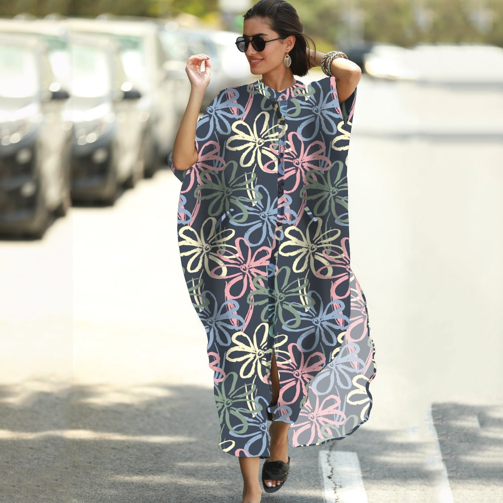 Beach Cover-up Elastic Printing Oversized Button Vacation Robe Bella Mia