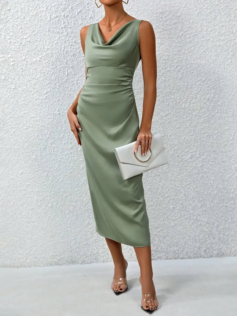 Women Spring Summer Summer Satin Maxi Dress Pleated Sexy Satin Dress Bella Mia