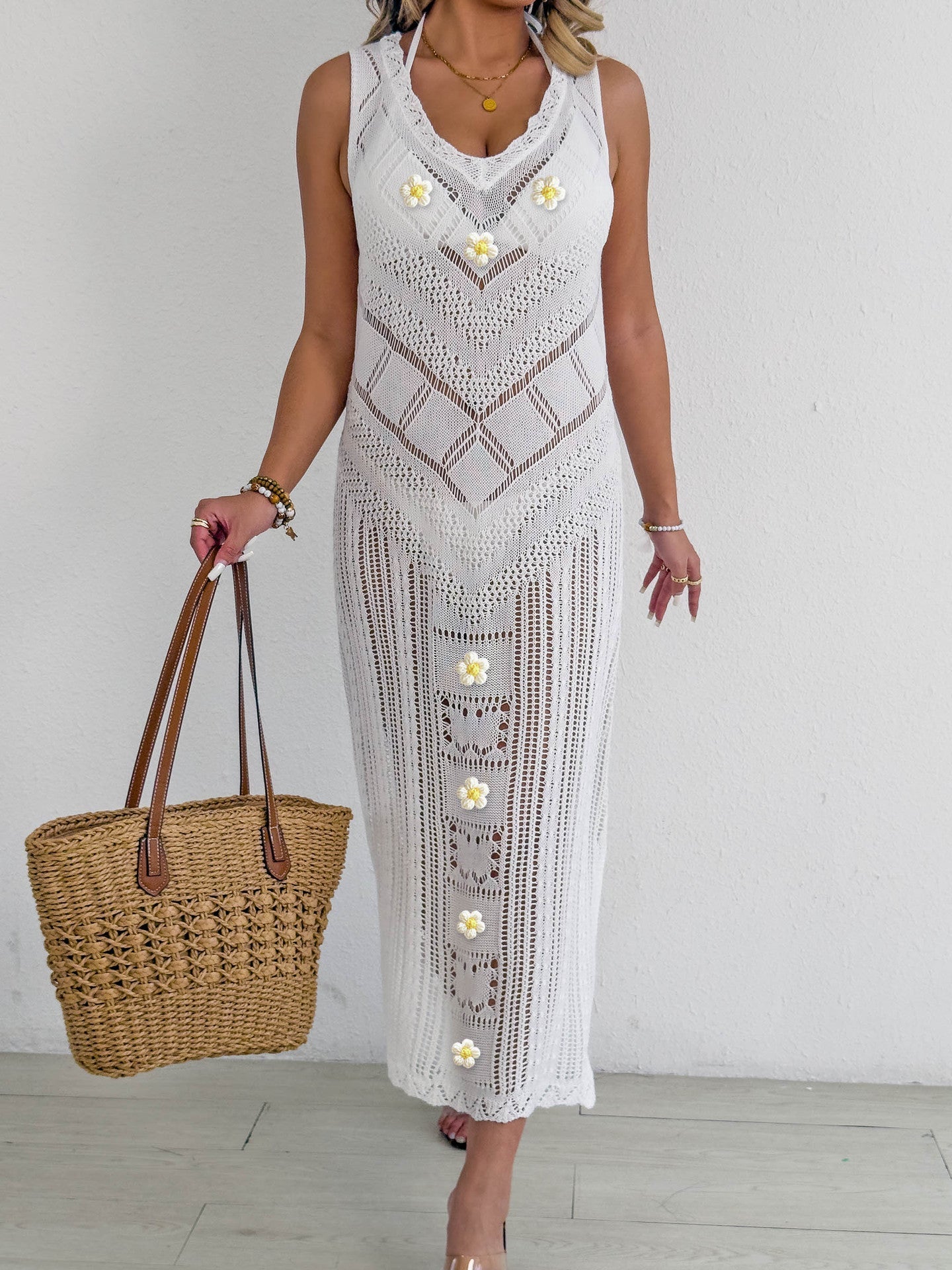 Beach Beach Cover Up Women Sexy Cutout Woven Shirt Vest Dress Hand Crocheted Stitching Holiday Dress Bella Mia