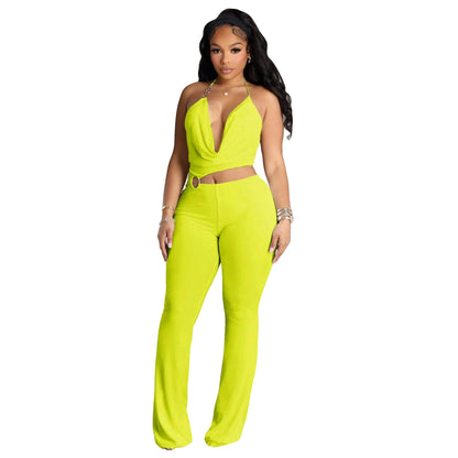 Women Clothing Supply Circle Decoration Sexy Halter Cropped Outfit Slim Fit Bodysuit