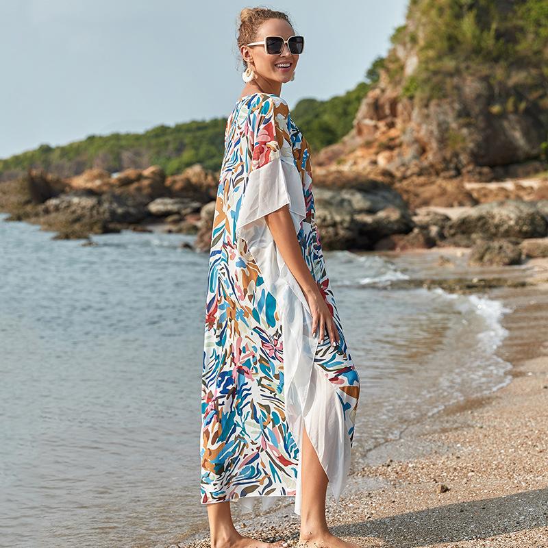 Wrinkle Solid Color Edge Robe Loose Dress Beach Sun Protection Clothing Swimsuit Bikini Cover Up Blouse Bella Mia