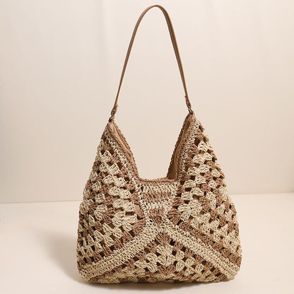Casual Hollow Out Cutout Shoulder Straw Bag Triangle Large Capacity Straw Bag Woven Bag Vacation Beach Bag Women Bag