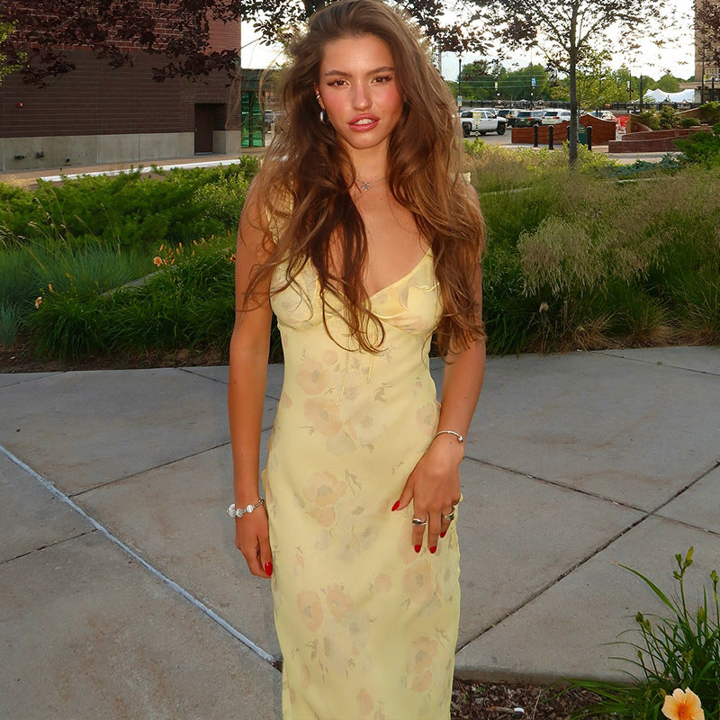 Summer Women Sexy Low Cut Sexy Vacation Retro Printed Slim Strap Dress Bella Mia