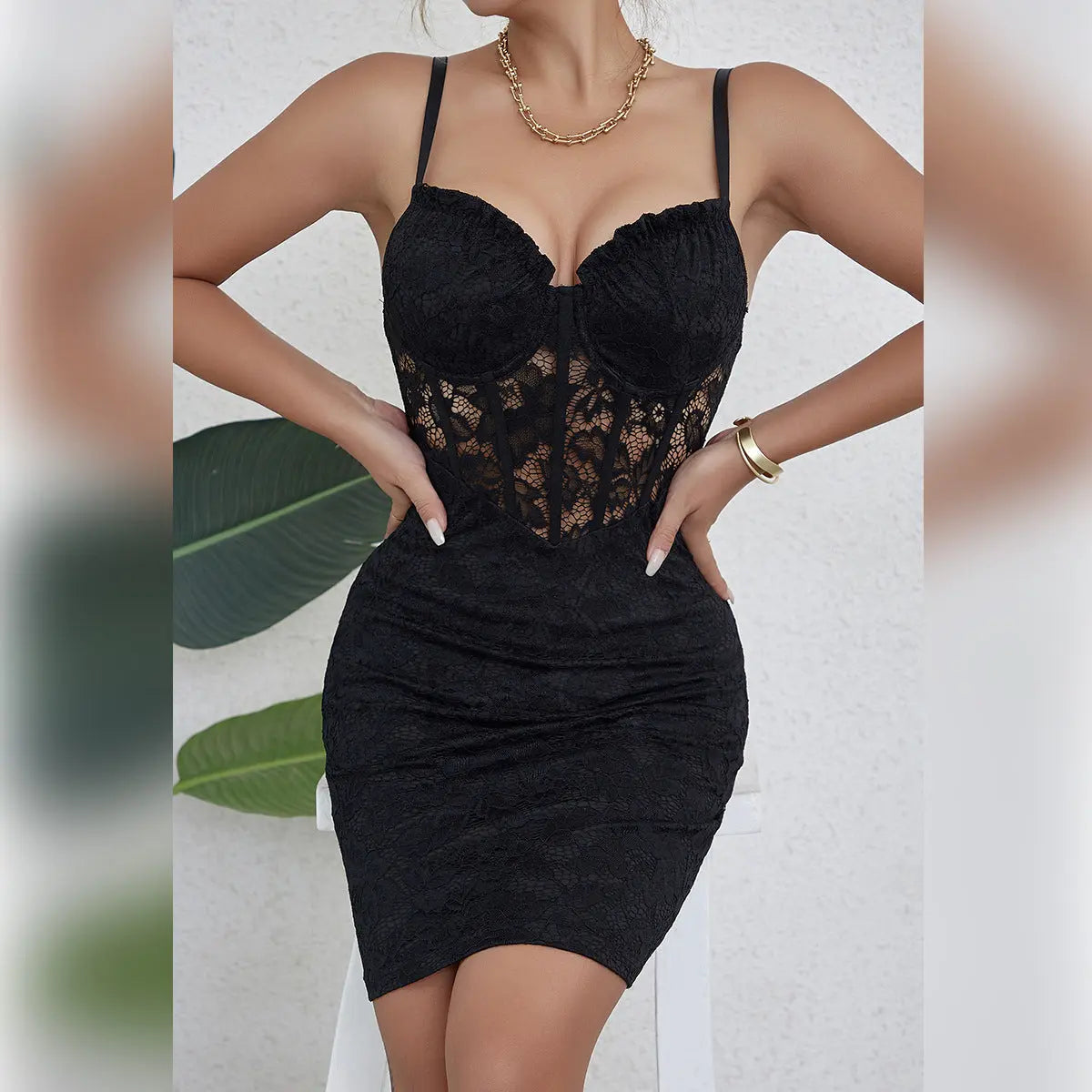 Black Lace Bodycon Dress With V Neck Corset Bodice Bella Mia