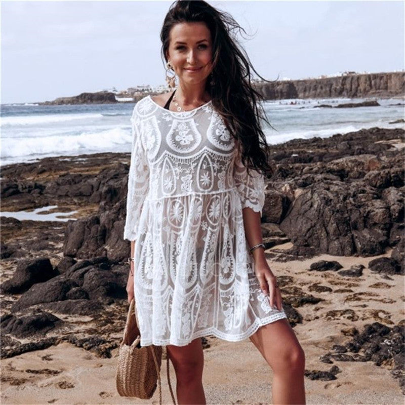 Lace Embroidered Beach Cover-up Seaside Sun Protection Clothing Sexy Halter Bikini Swimsuit Blouse Bella Mia