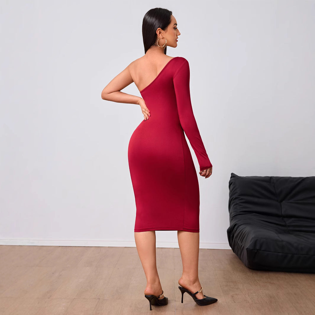 Women Clothing Wine Red Socialite Dress Autumn Winter Single Side Sleeve Midi Dress Bella Mia