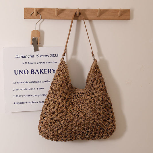 Casual Hollow Out Cutout Shoulder Straw Bag Triangle Large Capacity Straw Bag Woven Bag Vacation Beach Bag Women Bag Bella Mia