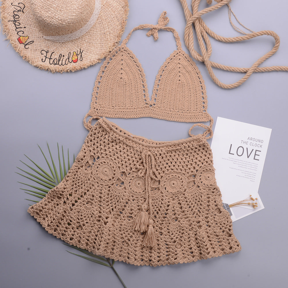 Hollowed out Lotus Bud Short Skirt Split Hand Woven Beach Swimsuit Vacation Two Piece Sets Bella Mia