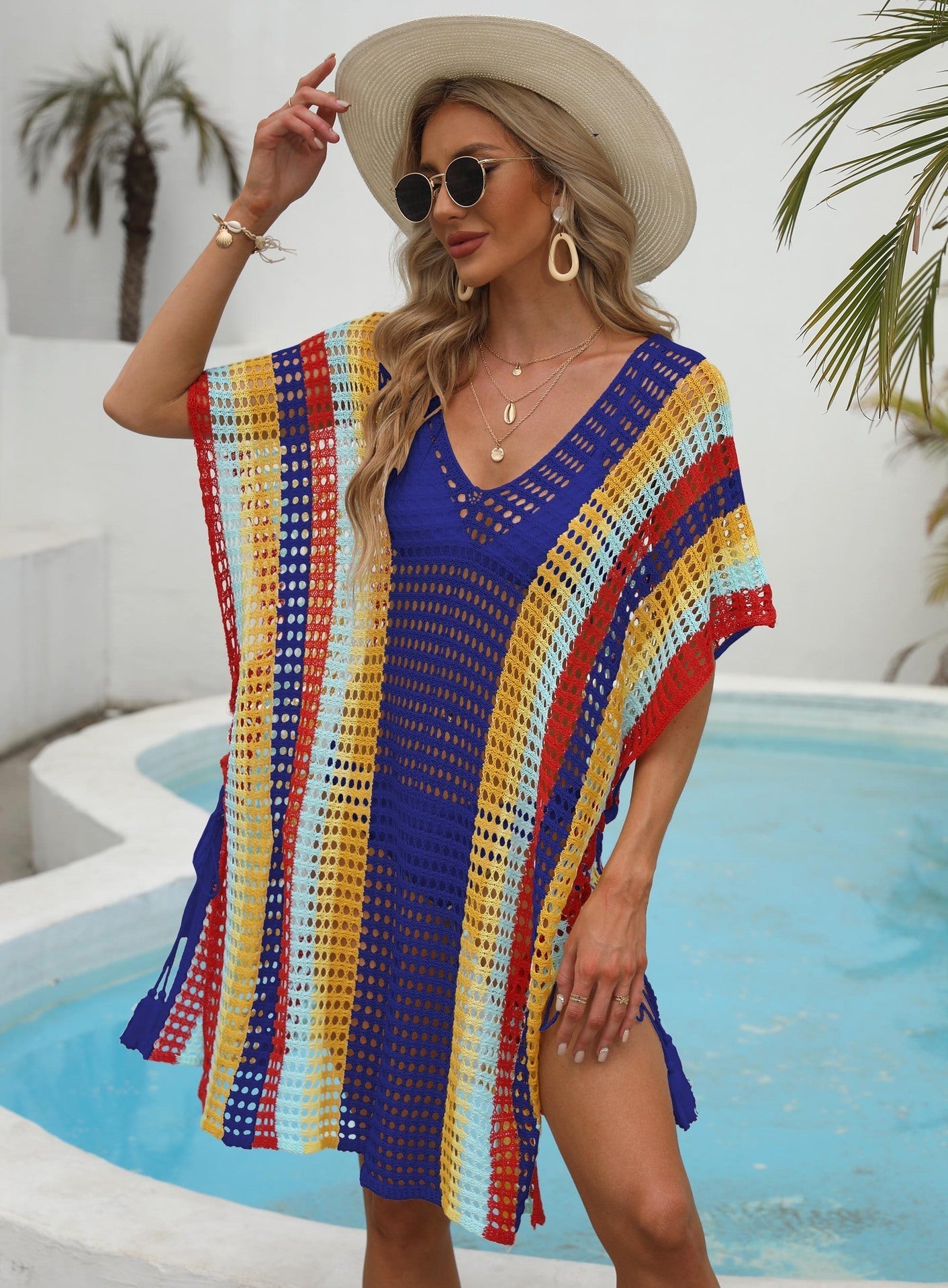 Women Clothing Color Contrast Patchwork Woven Hollow Out Cutout Beach Vacation Beach Cover Up Lace Up Dress Bella Mia