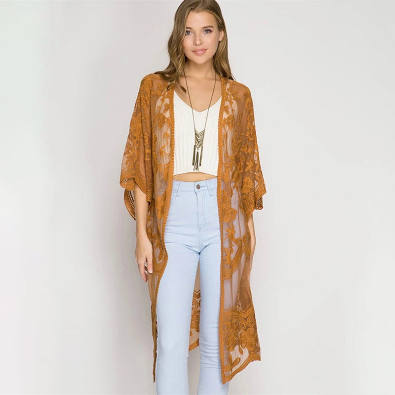 Lace Mesh Embroidered Beach Cover up Sexy Cardigan Sunscreen Beach Bella Mia