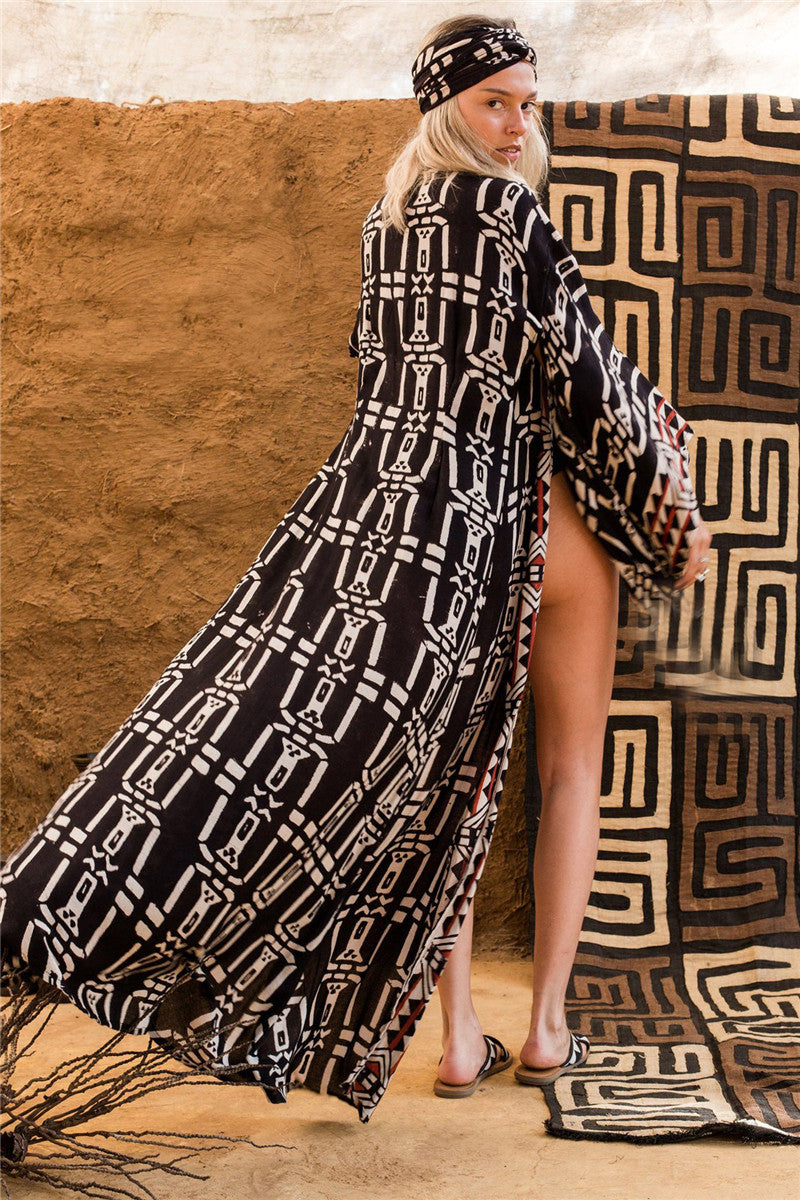 Rayon Positioning Printing Beach Cover-up Sexy Cardigan Loose Vacation Sun Protection Shirt Dress Bella Mia