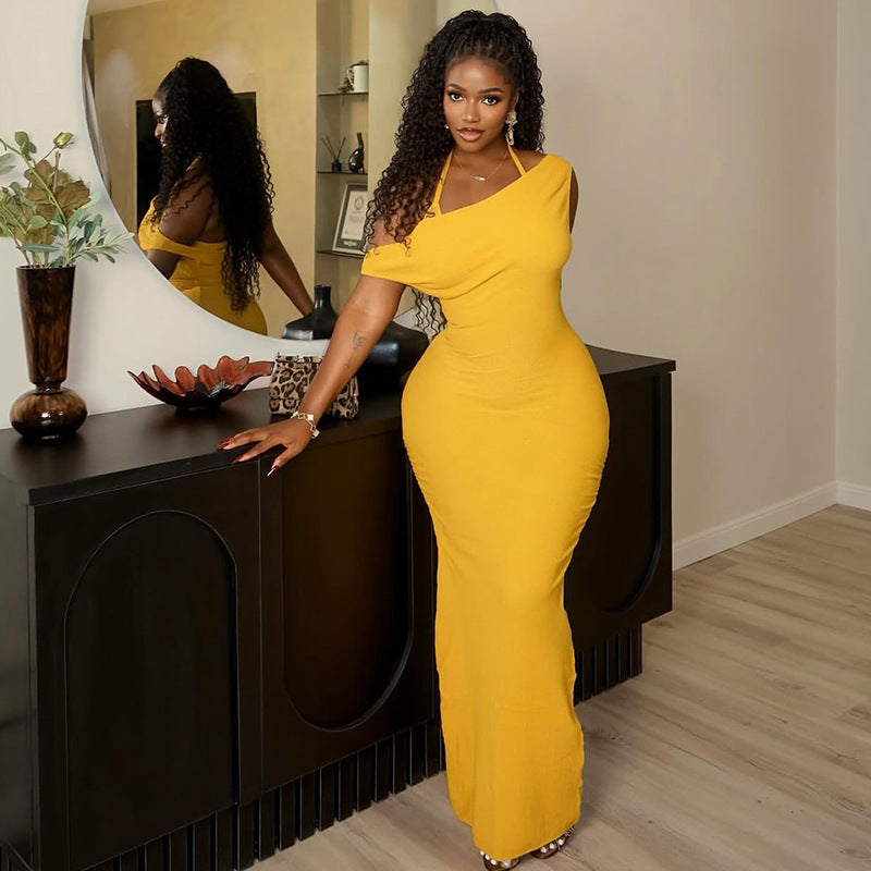 Elegant Women Slim Fit Sheath Elegant One Step Dress Backless Halter Solid Color Split Maxi Dress Bella Mia