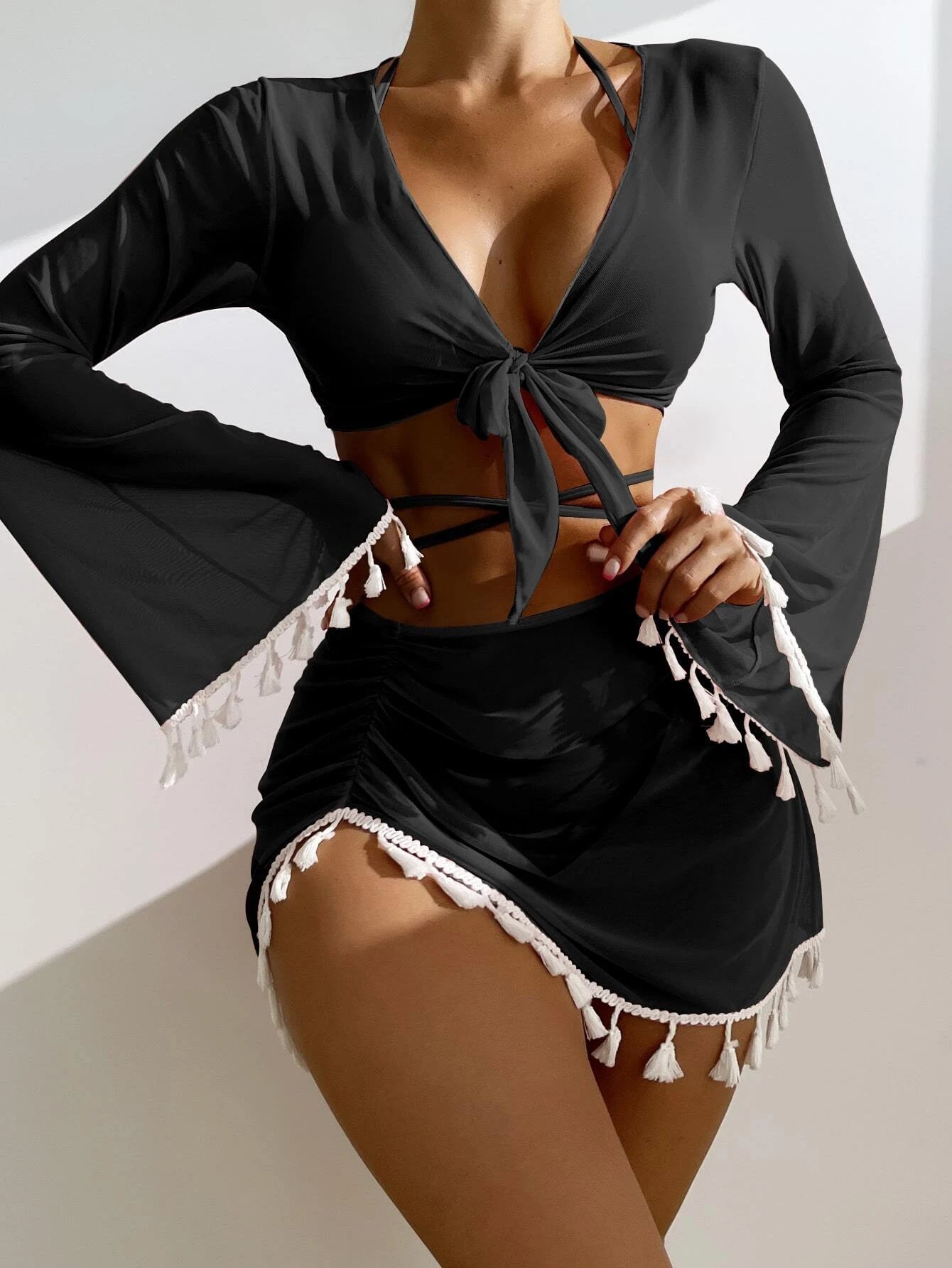 Swimsuit Women Split Three Or Four Piece Suit Solid Color Tassel Lace Up Long Sleeve Internet Celebrity Suit Bella Mia