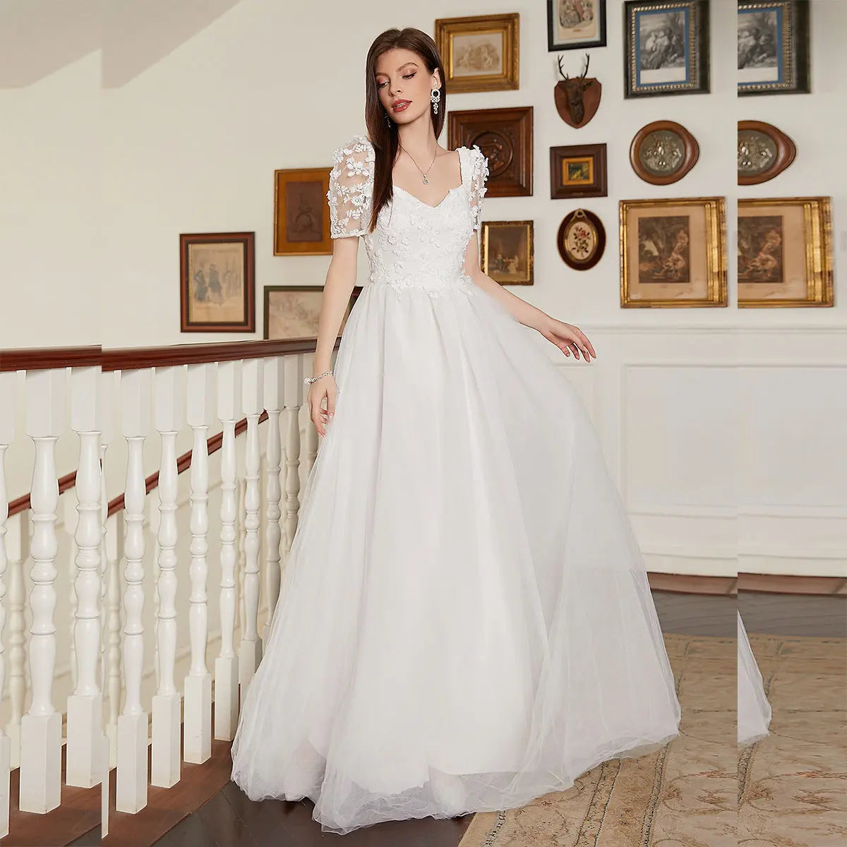 French Pastoral White Large Swing V neck Short Sleeve Elegant Backless Cocktail Wedding Dress Bella Mia