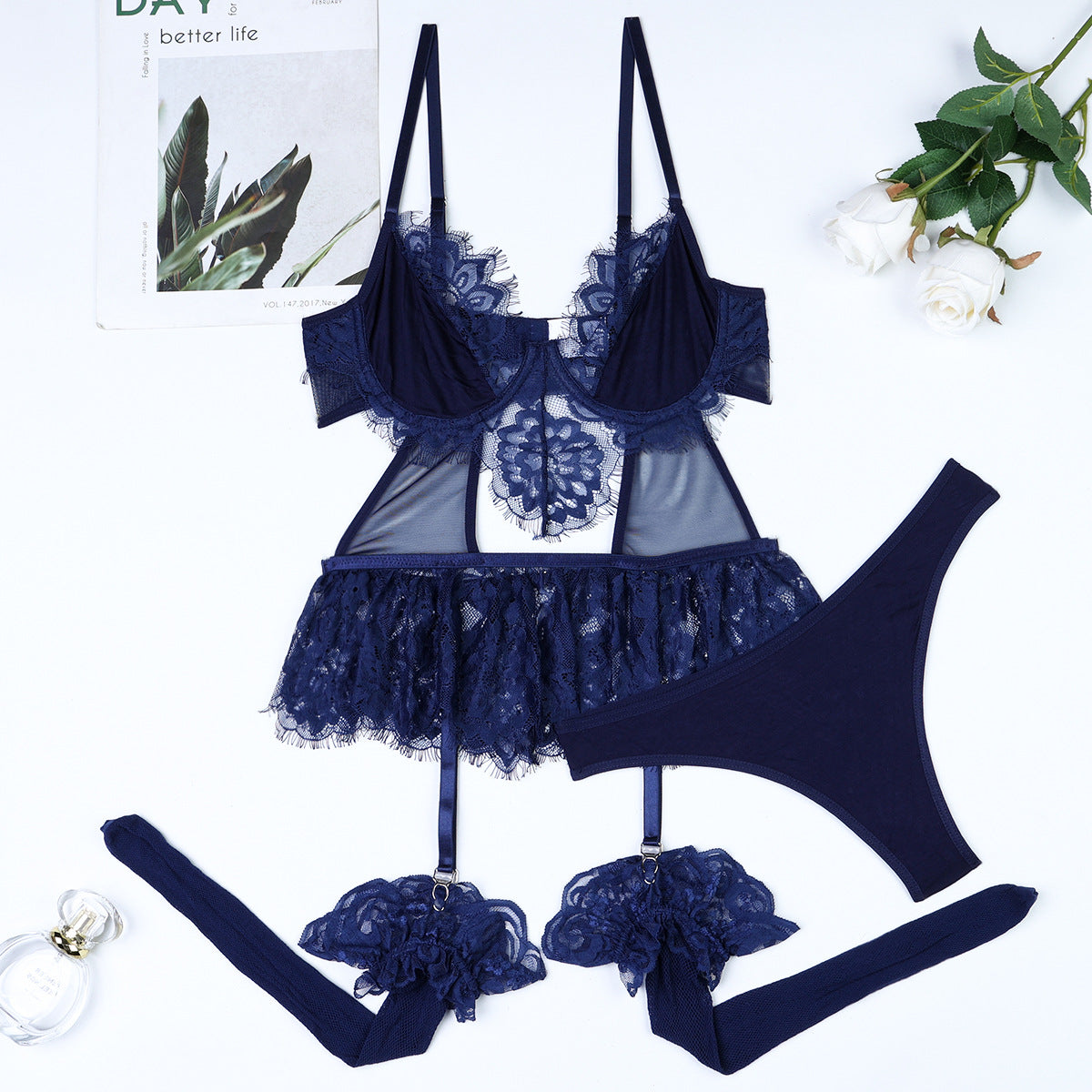 Mesh Stockings Long White Lace Eyelash Lace Cutout Stitching Cute Skirt Sling Top Three Piece Set