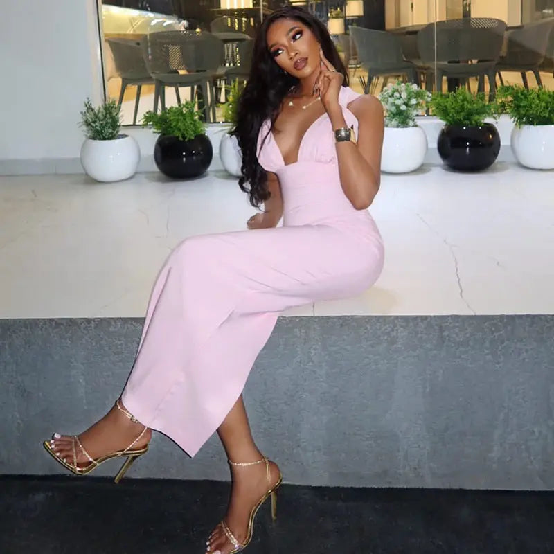 Solid Color Casual Women Pleated Corset Hip Dress Waist V neck Halter Maxi Dress Tide Bella Mia